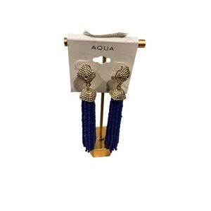 Aqua Beaded Tassel Drop Earrings Cobalt Blue Womens NWT